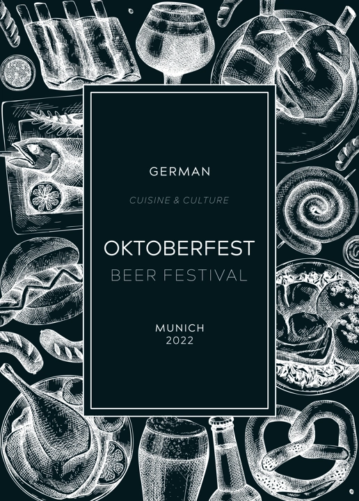 Oktoberfest background on chalkboard. German food and drinks menu design. Vector meat dishes sketches. German cuisine vintage wreath. Popular beer festival illustration in sketched style.